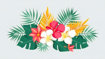 A vibrant arrangement of tropical flowers and lush green leaves set against a clean white background, Hawaii exotic flower bouquet, composition, flat style, summer print design, t-shirt, illustration