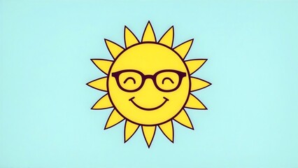 A cheerful cartoon sun with stylish sunglasses, glowing on a white background, simple flat style for summer print design, t-shirt, illustration, clip art