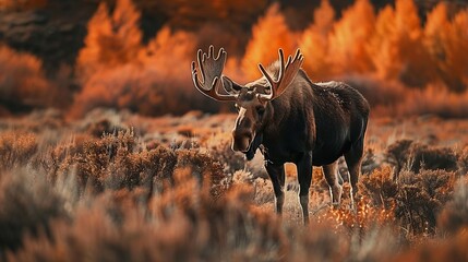 Fototapeta premium A powerful moose stands among the rich and vivid autumn foliage of the woods, bringing to life the vibrant colors and serene wilderness of the fall season in a picturesque scene.