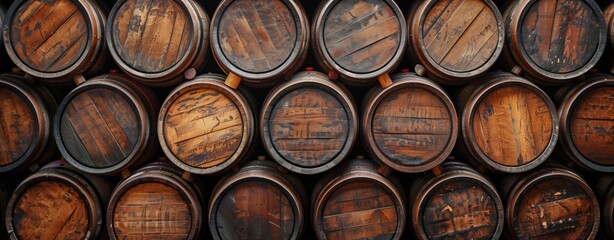 Abstract background of stacked wine or whiskey barrels in the cellar, texture and pattern of old