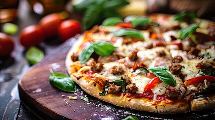 Delicious homemade pizza with fresh basil leaves, cherry tomatoes, mozzarella cheese, and savory sausage on a wooden board.