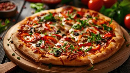 Delicious freshly baked pizza topped with vibrant vegetables and herbs, sitting on a wooden board, surrounded by fresh ingredients.