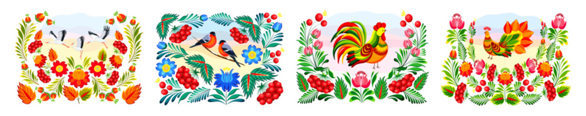 
Set of Petrykivka painting in a cartoon style. Vector illustration of different birds among viburnum, flowers, leaves isolated on white background. Seasons: autumn, winter, spring, summer. 
