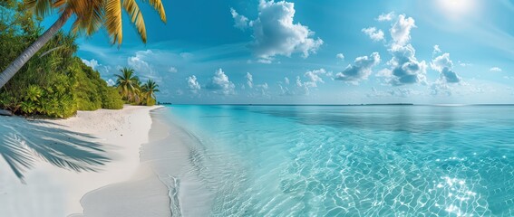 Beautiful tropical beach with palm trees and turquoise water in the style of the Maldives island panorama banner