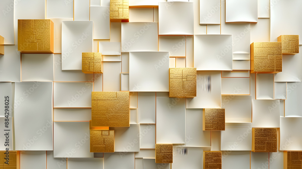 Poster elegant and minimalist geometric paper art installation with shimmering gold linear patterns and mul