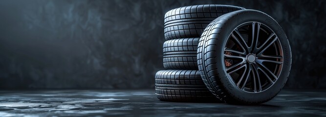 Black background with three black tires stacked on top of each other and one white tire leaning against the edge