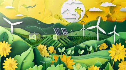 Green energy technology, environmentally sustainable renewable concept. Home with and clean energy windmill on green background.