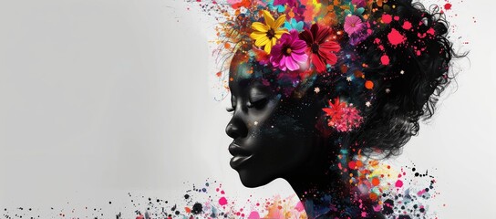Black woman with colorful flowers in her hair, in the style of paint splash digital art