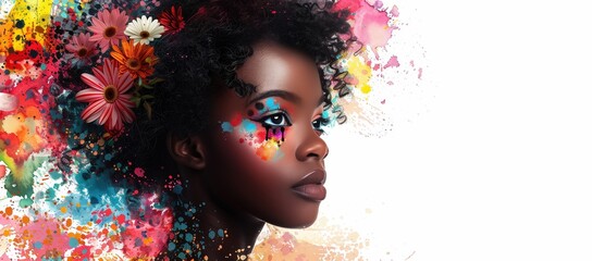 Black woman with colorful flowers in her hair, in the style of paint splash digital art