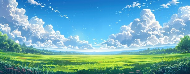 Blue sky, white clouds and green grass meadow landscape background, in the style of anime
