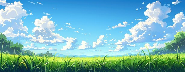 Blue sky, white clouds and green grass meadow landscape background, in the style of anime