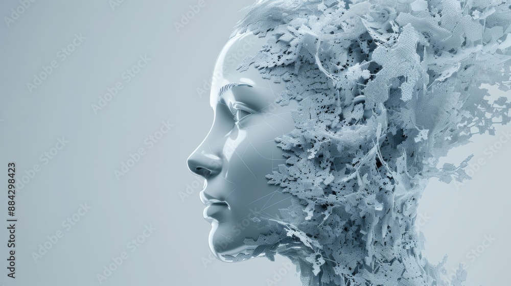 Poster Futuristic humanoid head with AI neural network visualization