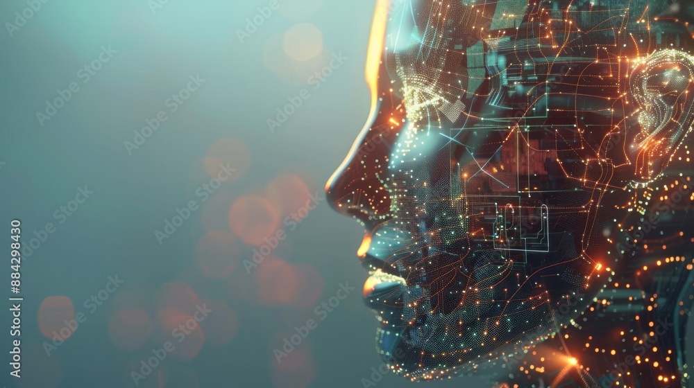 Poster Futuristic humanoid head with AI neural network visualization