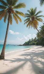 Palm tree on tropical beach with blue sky and white clouds abstract background. Copy space of summer vacation and business travel concept. Vintage tone filter effect color style.