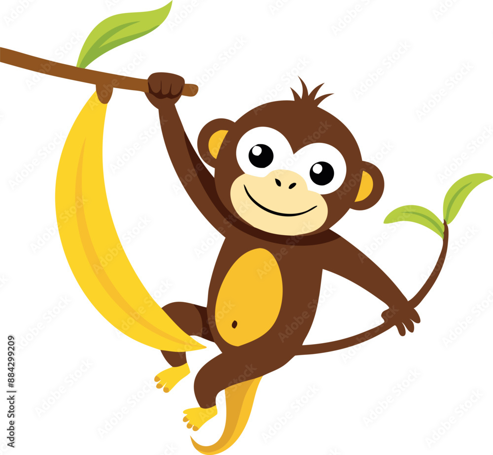 Sticker Illustration of a cute cartoon monkey hanging on a branch with a banana, displaying joy and playfulness.