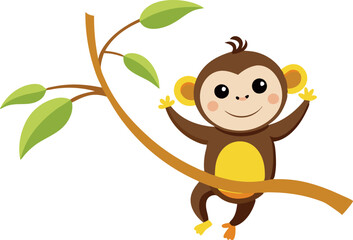 Adorable cartoon monkey hanging from a tree branch, smiling and waving. Ideal for children's illustrations, educational materials, or fun animal graphics.