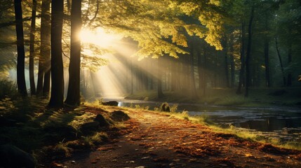 Fototapeta premium Golden sunlight piercing through autumn leaves in a wooded area