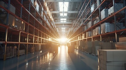 Obraz premium A warehouse aisle filled with boxes and products bathed in golden sunlight at sunset, highlighting the symmetry and creating a mesmerizing play of light and shadows.