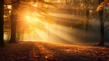 Fototapeta premium Golden sunlight piercing through autumn leaves in a wooded area