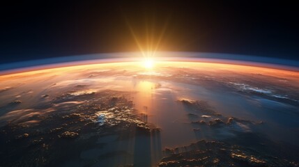 Golden sunrise casting light over Earth's surface from space