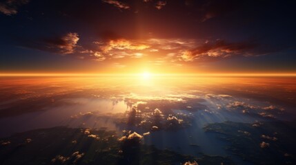 Fototapeta premium Golden sunrise casting light over Earth's surface from space