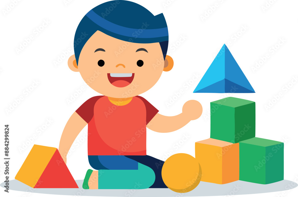 Poster happy child enjoying playful learning with colorful building blocks. fun and educational illustratio