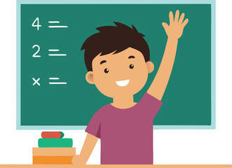 Smiling student in classroom raising hand in front of chalkboard with math equations. Young boy eager to answer question during lesson.