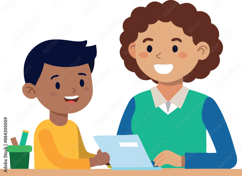 Poster smiling teacher and student using a tablet for learning in a classroom environment. education, techn