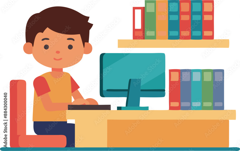 Poster illustration of a cartoon boy working on a computer at a desk with bookshelves in a library setting.