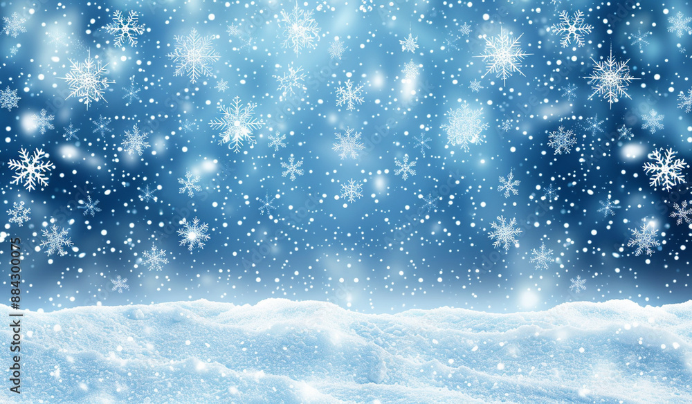 Poster a blue background with snowflakes falling in the foreground, creating an atmosphere of winter and ce