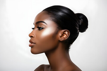 Naklejka premium Black woman, facial profile and beauty in studio, isolated white background and mockup, Female model, face side and dermatology for skincare, aesthetic makeup and natural cosmetics for salon wellness