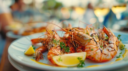 Amazing Grilled seafood prawn shrimps with lemon in plate on fine dining restaurant table