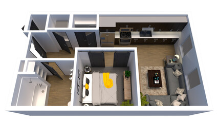 3d floor plan rendering for One bedroom ,kitchen, living , and Bathroom. 	