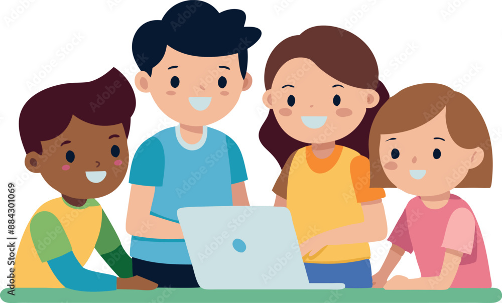Poster group of happy children smiling while using a laptop together. perfect for concepts of learning, fri