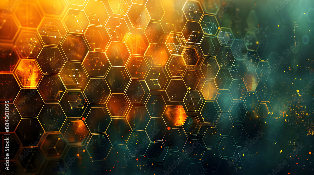 Poster captivating abstract hexagonal mosaic in warm earthy tones woven with subtle medical icons and scien