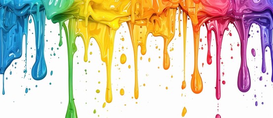 Colorful paint dripping down isolated on a white background, rainbow colors of paint pouring from top to bottom