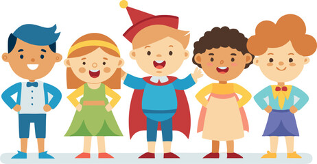 Obraz premium Vector art of five cheerful kids in various vibrant costumes, standing together and smiling brightly. Perfect for children's activities, education, and fun concepts.
