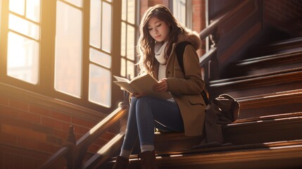 Fototapeta premium High school girl on staircase reading book natural daylight