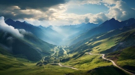 High-altitude mountain pass with winding trails, scattered clouds, late afternoon