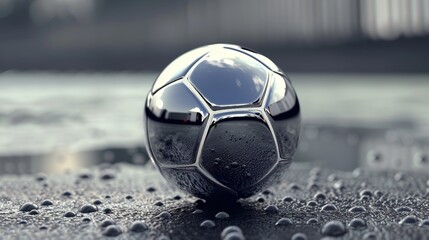Naklejka premium A sleek and futuristic metallic soccer ball resting on a wet surface, reflecting light and showcasing a modern and elegant design aesthetic in sports equipment.