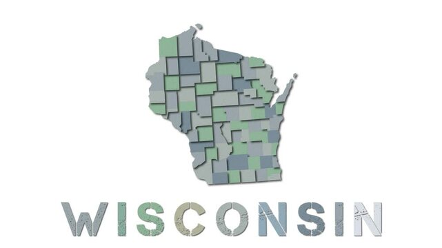Wisconsin map with paper regions. Animated US state map growing from regions and title letters falling down. Superb 4K animation.