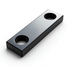 Minimalist black metal component with two circular holes on a white background, suitable for industrial design and mechanical projects.