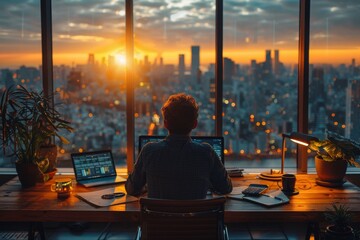 A man working on a laptop and tablet displaying project management dashboards. Generative AI