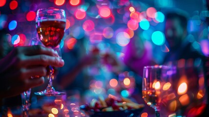 Vibrant nightlife scene with colorful lights, people enjoying drinks, socializing, and having a good time at a lively bar or club.