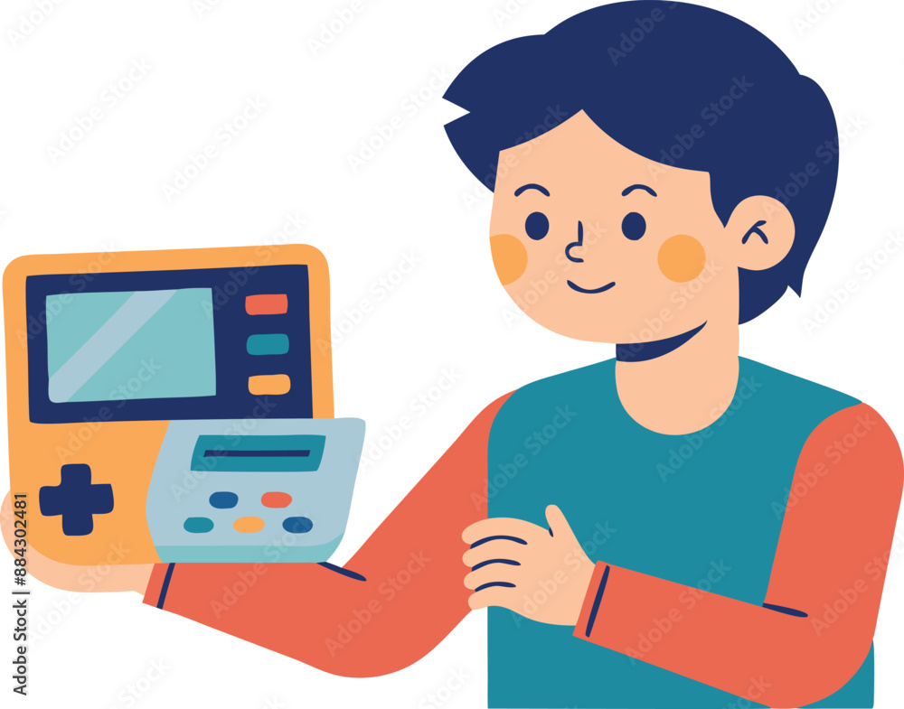 Poster a colorful illustration of a boy holding a handheld video game console. the boy is smiling and appea
