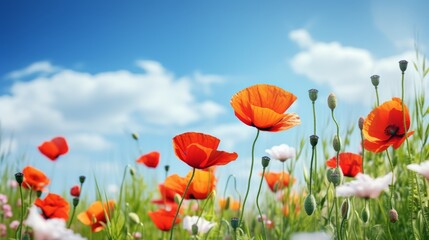 Idyllic summer field with blooming poppies and green grass, serene atmosphere, bright day