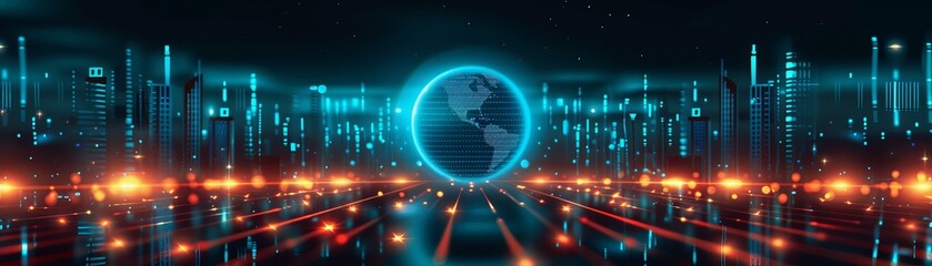 Obraz premium Futuristic digital landscape with Earth's hologram, glowing particles, and blue network lines illustrating global connectivity and technology.
