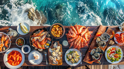 Fototapeta premium Eyecatching Ultra-wide photo of a luxurious Mediterranean seafood feast served on a rustic wooden