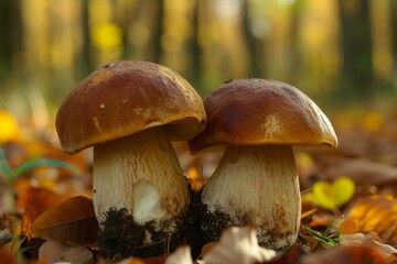 Fototapeta premium Two mushrooms emerge among fallen leaves in the warm glow of an autumn forest
