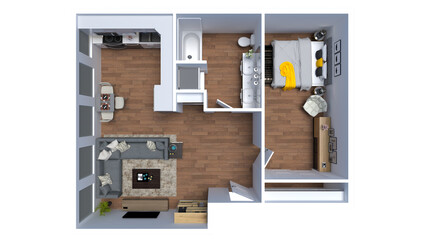 3d floor plan rendering for one bedroom ,kitchen, living , and Bathroom. 	